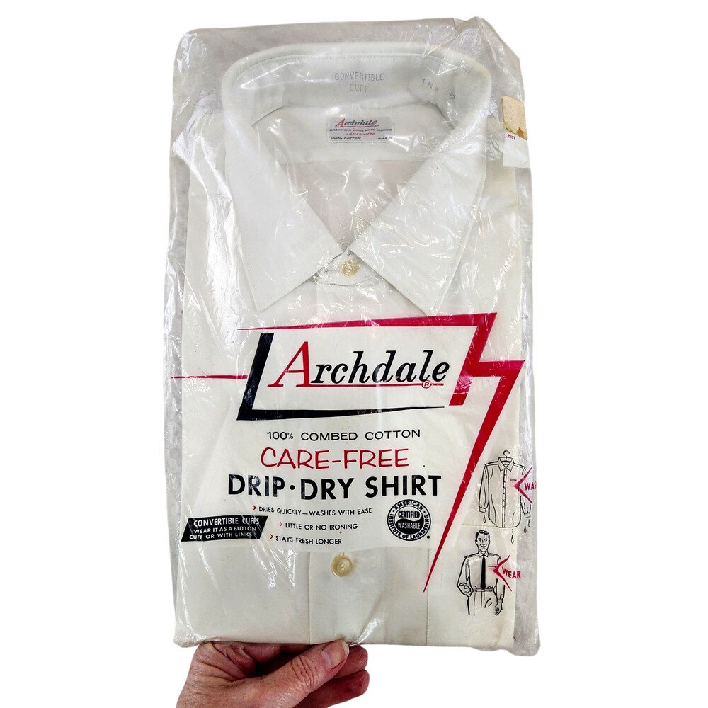 Vintage Archdale Shirt Mens 16 White Drip Dry Convertible Cuff Classic Dress 60s